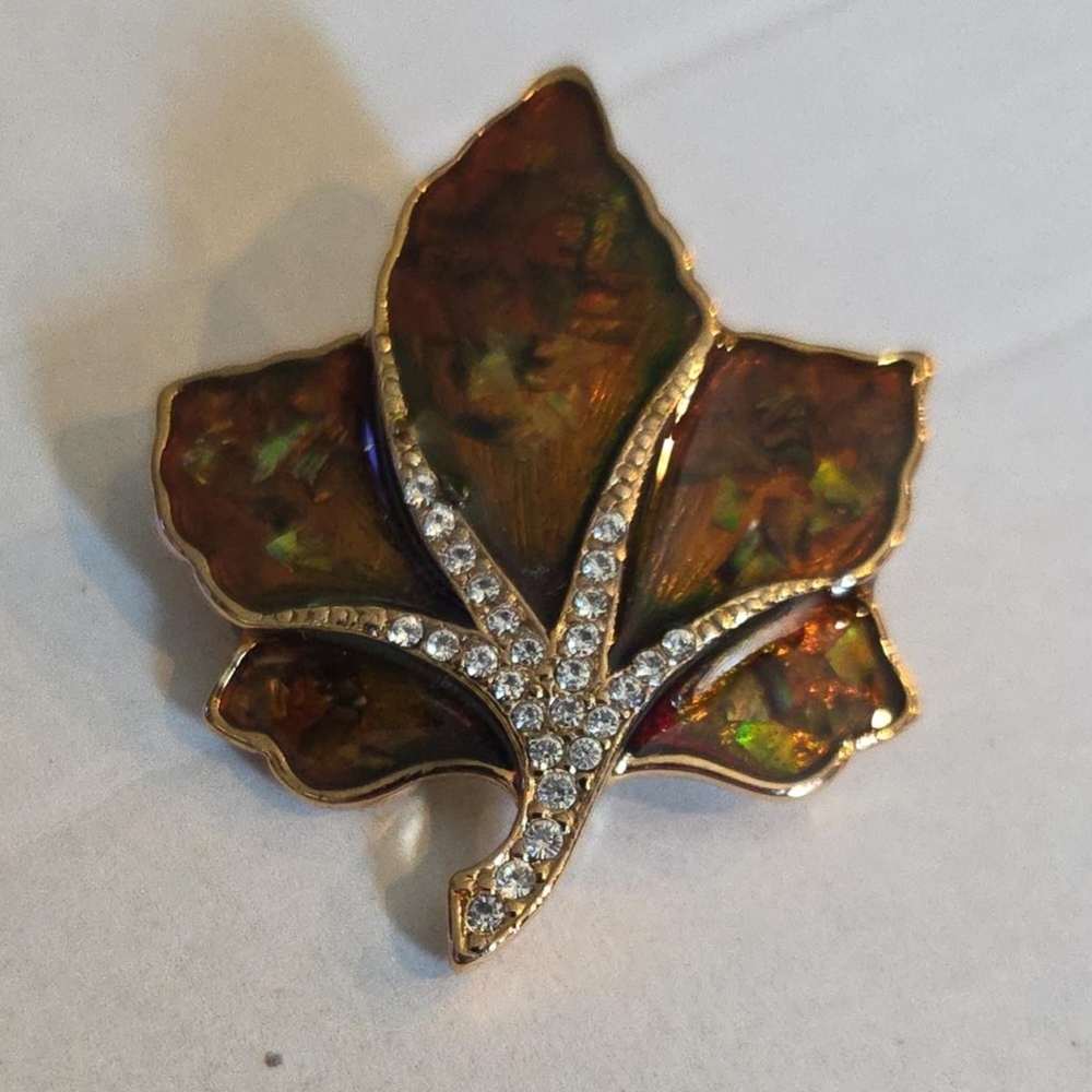 Gold-Tone Leaf Brooch with Brown Iridescent Enamel and Clear Crystals